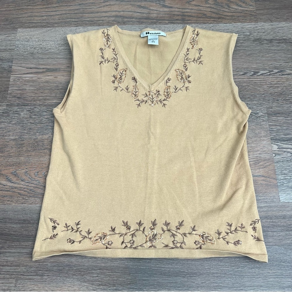 vintage 90s Nygard V-neck knit tank top floral embroidery silk tan boho Y2K